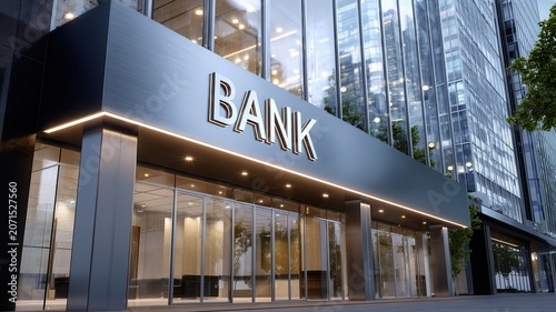Modern bank building exterior with glass facade and reflective surfaces representing and business corporate finance