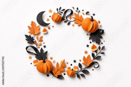 Paper cut Halloween wreath with orange leaves, black leaves, pumpkins, candy corn, stars, crescent moon and ribbon loops on a bright white background.