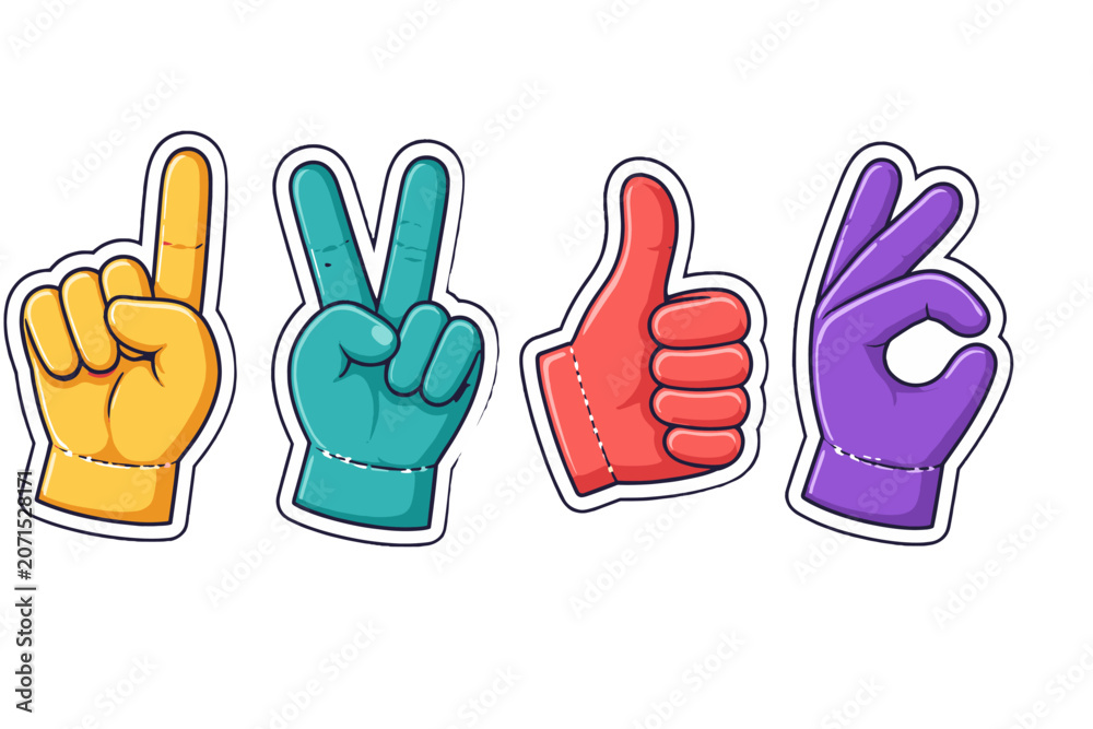 Fototapeta premium Colorful cartoon hand gesture stickers with four fan signs