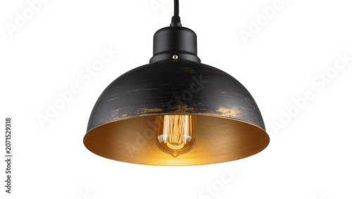 Photos Industrial black metal dome pendant light with gold interior, isolated on transp