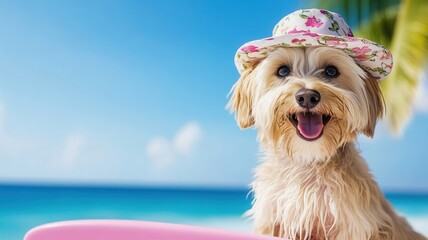 Dog smiling and relaxing on a tropical beach feeling happy and ready for summer holidays sunny paradise