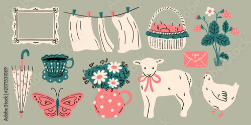 Hand-drawn whimsical cottagecore illustrations of summer garden elements. Lamb, chicken, hanging sheets, basket, strawberry in soft colors. Cute vintage countryside clipart. Vector graphic