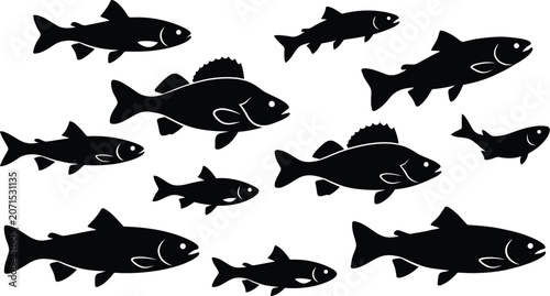 Canvastavla School of fish silhouettes against a white background a collection of aquatic an