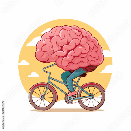 Cartoon brain riding a bicycle with a yellow sun background