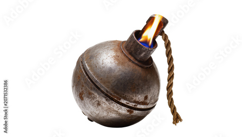 Obraz na plátne Rusty spherical bomb with burning fuse and rope, isolated on transparent backgro