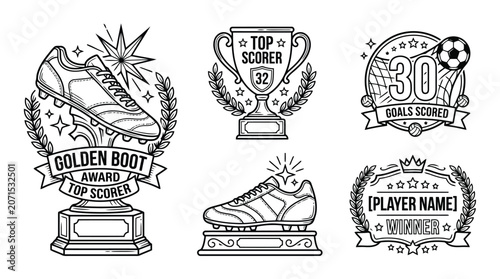 Collection of football trophy and award icons for top scorer and tournament winners