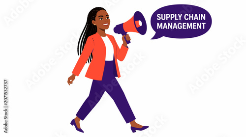 Businesswoman holding megaphone for supply chain management.