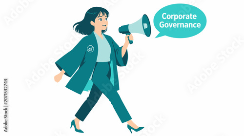 Businesswoman using megaphone for corporate governance announcement.
