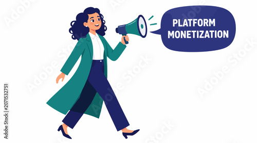 Woman holding megaphone for platform monetization announcement.