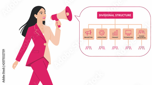 Woman in pink dress holding megaphone with breast cancer awareness diagram.