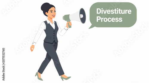 Businesswoman holding megaphone for divestiture announcement.