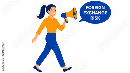 Woman holding megaphone with foreign exchange risk text.