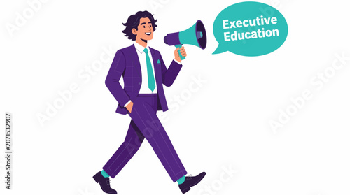 Businessman holding megaphone for executive education announcement.