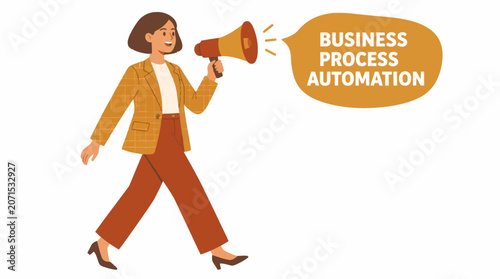 Businesswoman announcing business process automation concept.