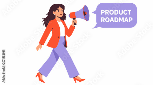 Woman in red jacket holding megaphone with product roadmap text.