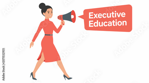 Confident woman holding megaphone for executive education.