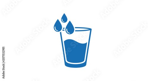 A simple blue icon showing a glass filled with fresh liquid and water droplets