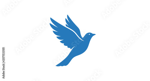 A simple blue silhouette of a bird flying against a plain white background
