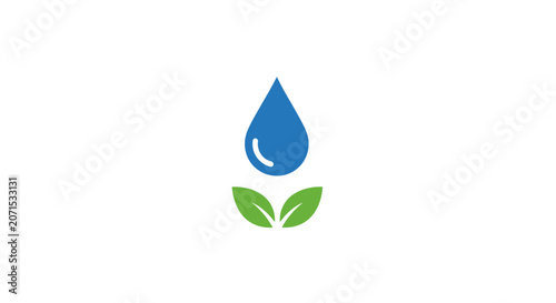 A simple blue water drop icon sitting above two green leaves on white background