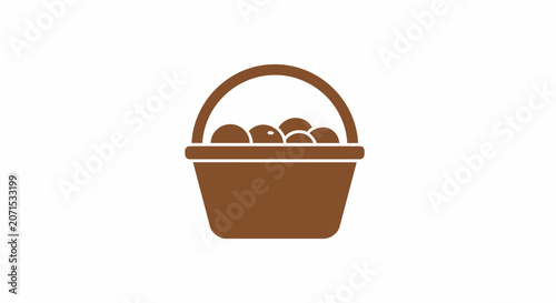 A simple brown icon showing a basket filled with round fresh fruit items