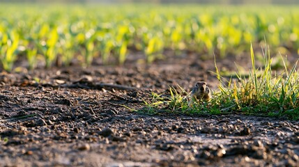 Small Bird in Green Crop Field