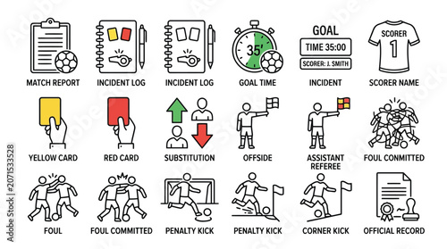 Set of football match referee icons showing penalties fouls and game events in flat line art style