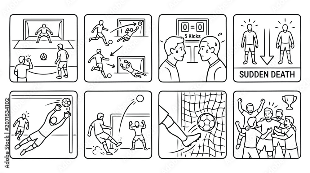 Fototapeta premium Football penalty shootout sequence with various goal attempts and player reactions