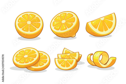 Yellow lemon slices halves wedges and peel spiral collection with refreshing vegetarian nutrition ingredient culinary isolated illustration