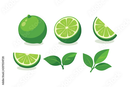 Fresh green lime fruit elements featuring whole fruit halves wedges and leaves refreshing culinary ingredient vegetarian nutrition isolated
