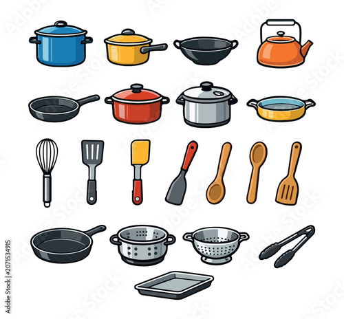Kitchen utensils and cookware icons set featuring pots pans spatulas and culinary tools utensils cookware culinary colander preparation