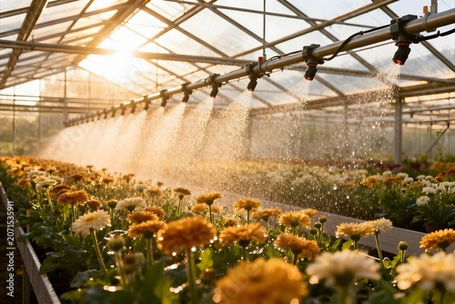 Modern irrigation system watering rows of blooming flowers inside greenhouse