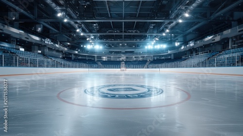 Empty curling rink with central target circles