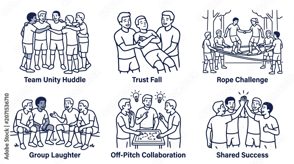 Fototapeta premium Set of six football team building and collaboration activity icons in linear sketch style