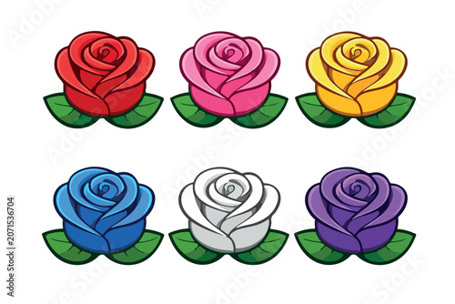 Colorful rose flowers collection with green leaves icons isolated on white background colorful botanical decorative ornamental isolated
