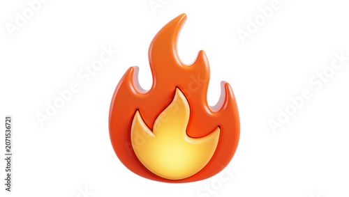 Stylized 3D fire icon with orange flames and yellow core, isolated on transparent background