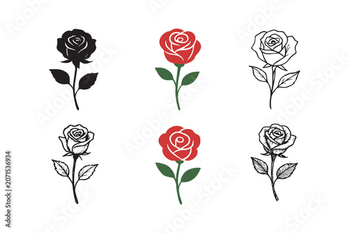 Set of detailed rose flower icons collection hand drawn sketch style illustrations with botanical collection illustration romantic monochrome