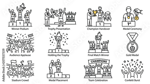 Team celebration and trophy presentation icons for final match victory and stadium crowd cheering