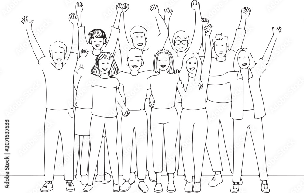 Obraz premium Group of young people with arms raised in line drawing style for youth day celebration.