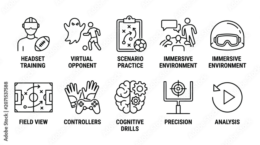 Fototapeta premium Virtual reality training icons for football scenario practice and immersive cognitive skill drills