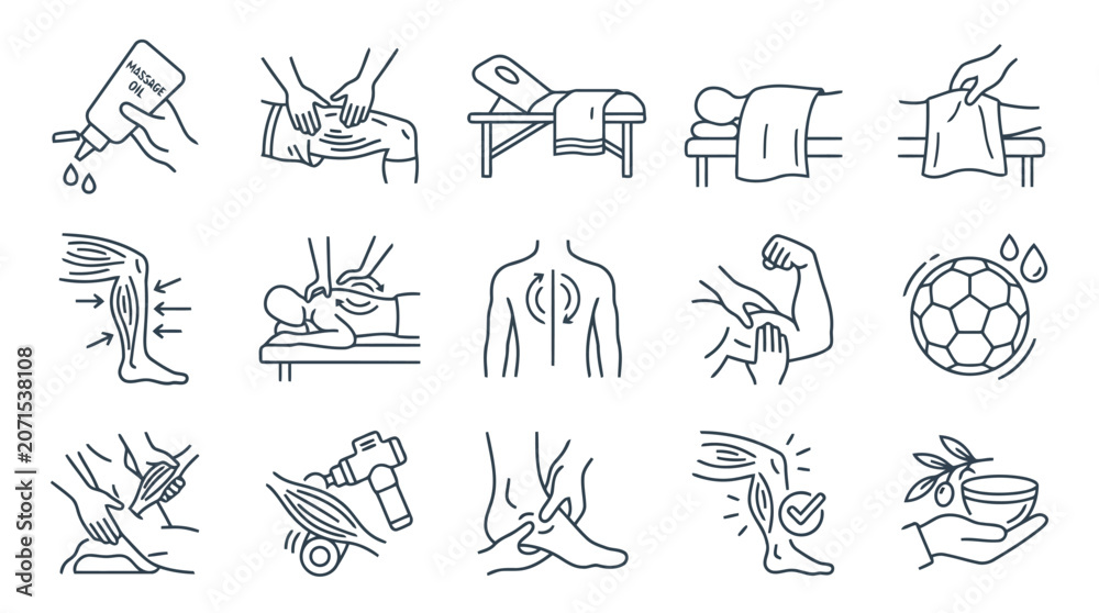 Fototapeta premium Sports physiotherapy and massage therapy treatment icons for soccer injury rehabilitation