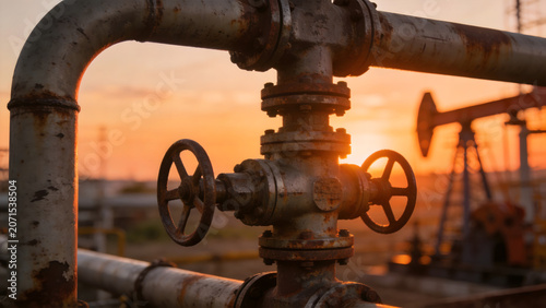 Weathered steel wellhead valve assembly at sunset.