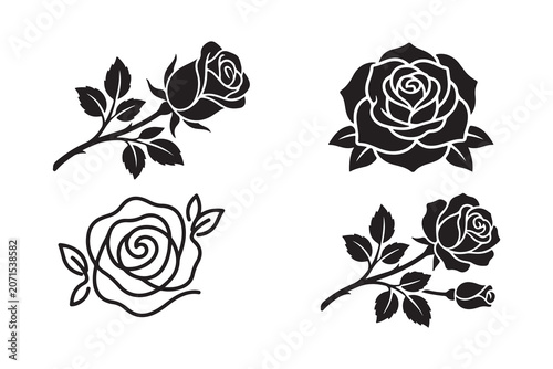 Black and white rose flower illustrations set for tattoos and decorative prints with monochrome illustration botanical blooming minimalist