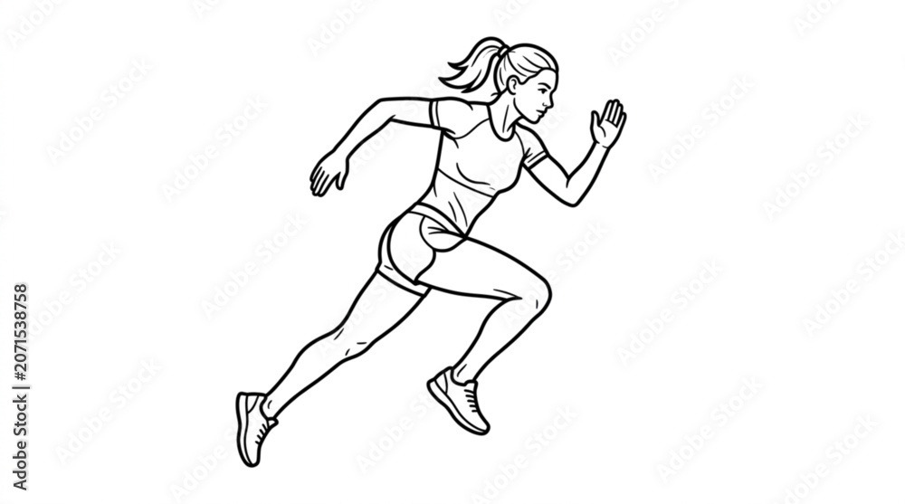 Fototapeta premium Black and white vector illustration of a fit woman running or sprinting. Minimalist line art of a female athlete in sportswear exercising, isolated on a white background. Great for fitness themes.