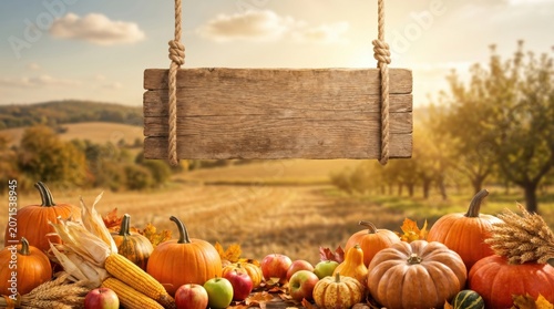 Blank Wooden Hanging Sign Board Mockup Over Autumn Harvest Background, Fall Pumpkins Corn Wheat At Sunset Countryside Field Landscape Template Banner
