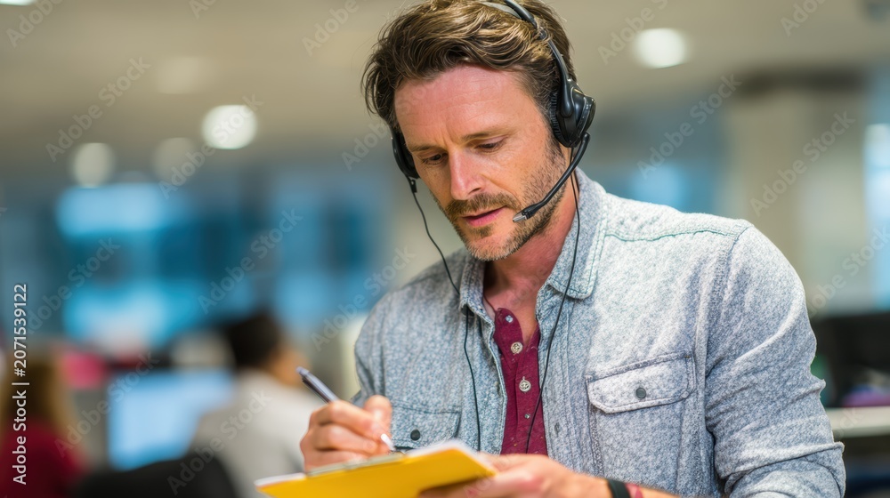 Fototapeta premium Focused Professional on a Call: A man with a headset writes notes on a clipboard while on a call in a modern office setting, demonstrating concentration and dedication to his task.