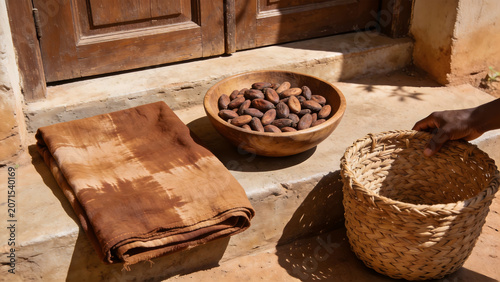 Mud cloth fabric with shea nuts and woven basket, West African craft and natural decor.