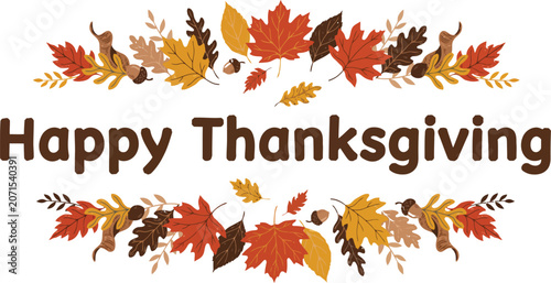 Happy Thanksgiving text with autumn leaves and acorns border for seasonal greetings and holiday celebrations