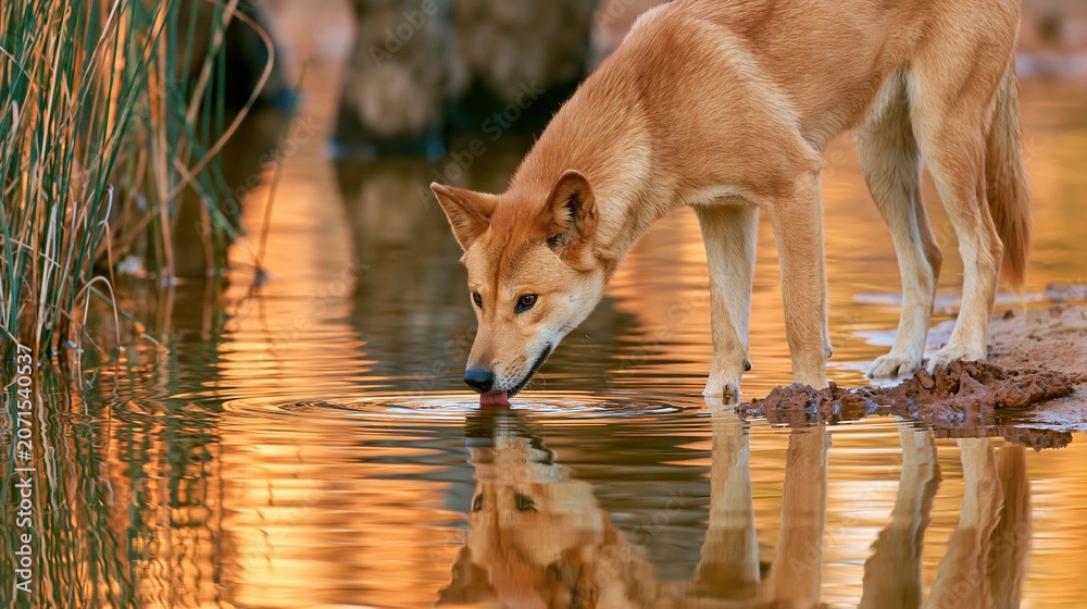 Obraz premium Dingo Drinking Water at Sunset Reflection