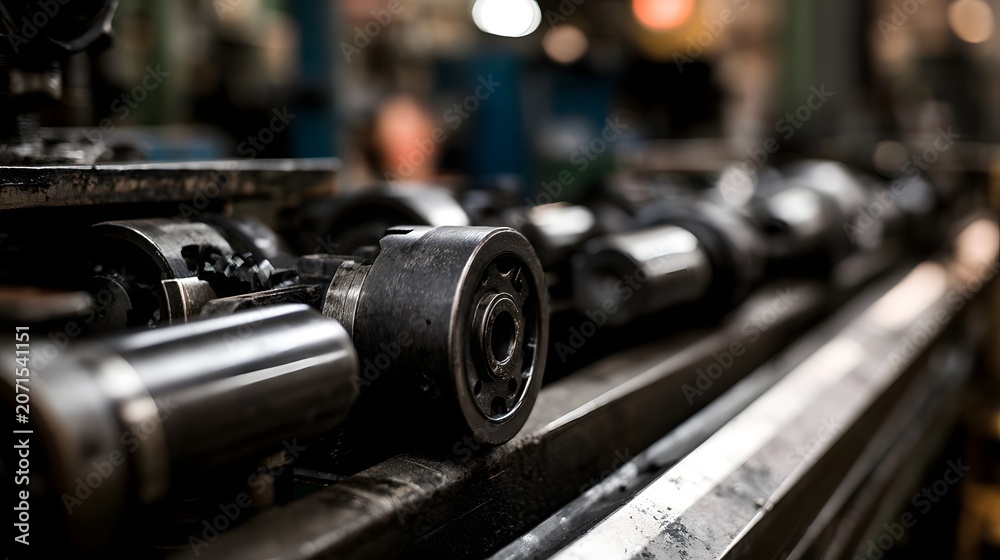 Fototapeta premium A close up view of a robust and gritty industrial assembly line with moving parts and dramatic shadows