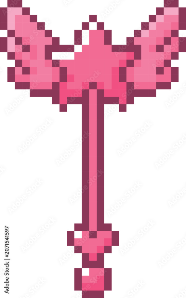 Naklejka premium Magic wand pixel art vector icon, retro 8 bit video game kids fairy toy, cartoon pink monochrome wizard tool with star